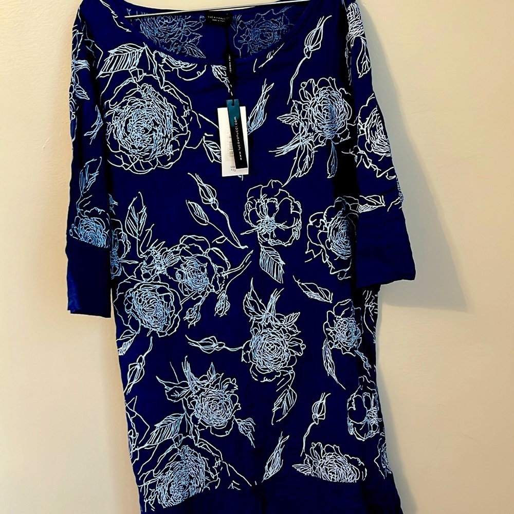 NWT Luca Vanucci Blue with white printed flowers Linen tunic style dress XL